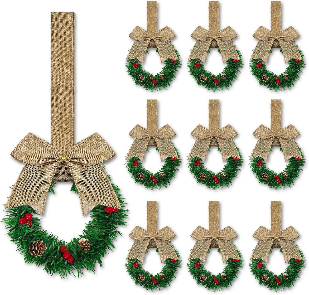 10 Pcs 6" Small Christmas Kitchen Cabinet Wreaths with Ribbon Mini Kitchen Cabinet Christmas Decor for Window Door (Linen Color)
