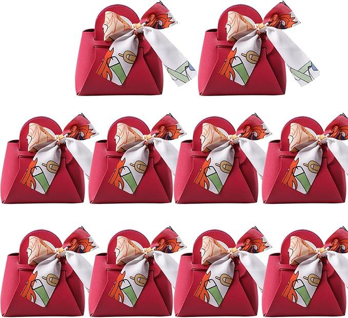 HOSDZOU 10 Pack Leather Wedding Candy Gift Bags with Handle Reusable Party Favor Boxes for Weddings, Baby Showers, Birthday, Weddings, Christmas, Halloween (Rose Red, Large)