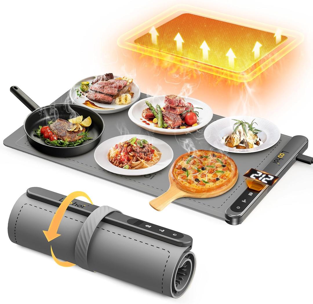 Food Warming Mat,Full Surface Heating Electric Warming Tray with 6 Temperature Settings & Fast Heating, Silicone Roll Up Food Heating Mat Food Warmers for Parties Gatherings Everyday Use (Gray)