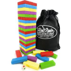 Matty's Mix-Up 60pc Large Colorful Wooden Tumble Tower Deluxe Stacking Game with Storage Bag