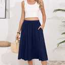MLXSJ Women's Midi Skirt Summer Flowy Elastic High Waisted Casual Pleated Skirts with Pockets (Blue, XXL)