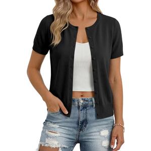 GRACE KARIN Black Cardigan for Women, Short Sleeve Button Down Sweaters, 2026 Spring Knit Sweater Tops Black XL