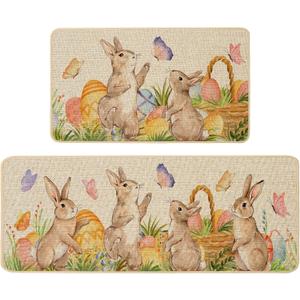 Baccessor Easter Kitchen Rugs Set of 2, Bunny Colorful Eggs Flowers Kitchen Mats for Floor Low-Profile Rabbits Spring Easter Holiday Home Decor 17x29 and 17x47 Inch