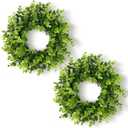 DDHS 11 Inch Artificial Boxwood Small Wreath for Front Doors, 2 Packs Green Leaves Wreath, Spring Summer Mini Wreaths for Indoor Outdoor Hanging Wall Window Wedding Home Decor Party Farmhouse