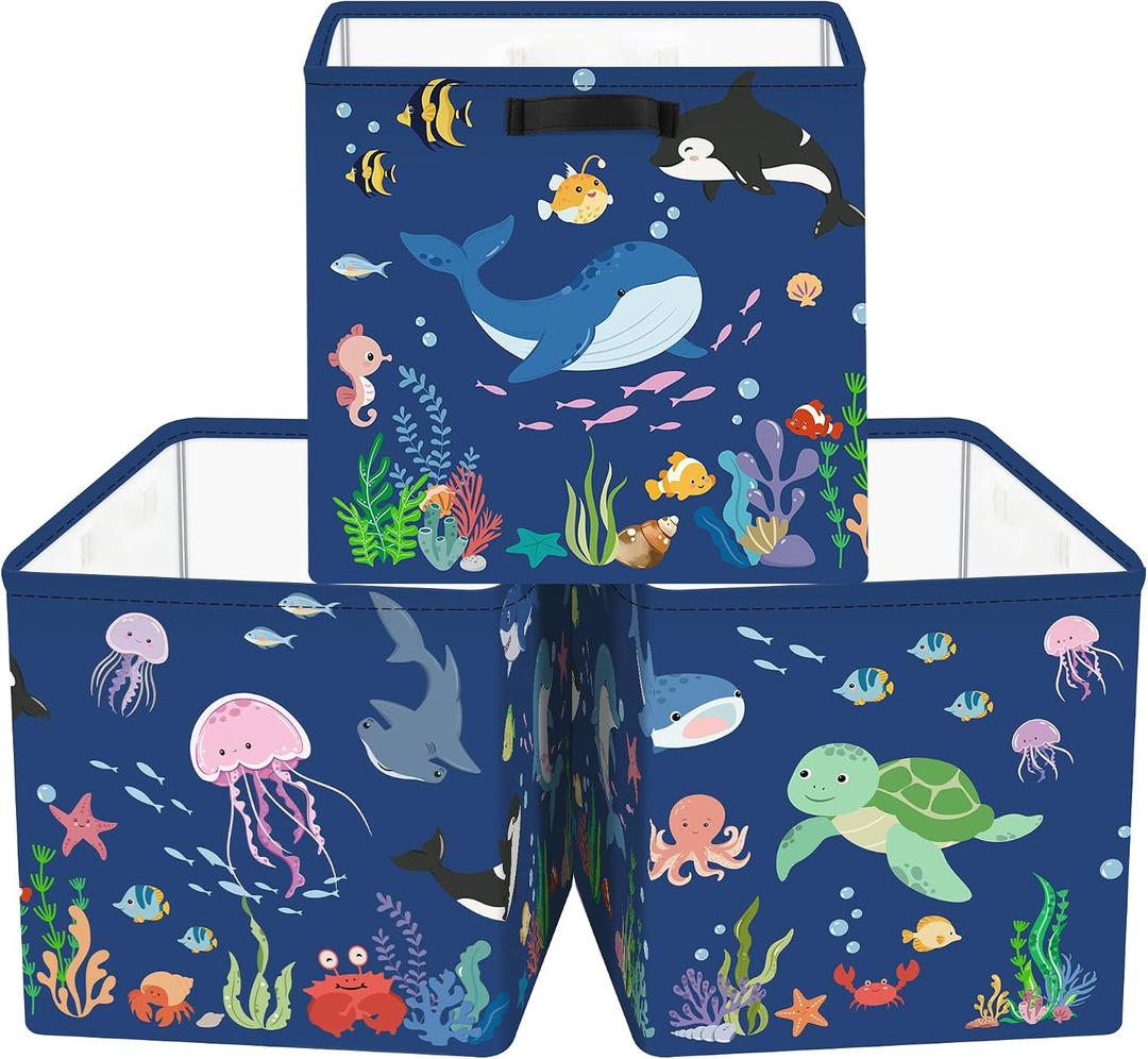 Clastyle 3 pcs Ocean Animals Cube Storage Unit Bin with Metal Frame Foldable Kallax Box for Shelves Parents Closet Organizer Basket for Book Clothes Toy Organizer, Blue, 11.8x11.8x11.8 in