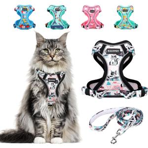 Halypet Cat Harness and Leash Set[MAX Safety 4th-Gen] Cute Escape Proof Vest Harness for Girl&Boy Cat Walking, Comfortable Adjustable Leash and Reflective Strips for Outdoor Kitten, M Inky Meowy (Medium (13-18lb))