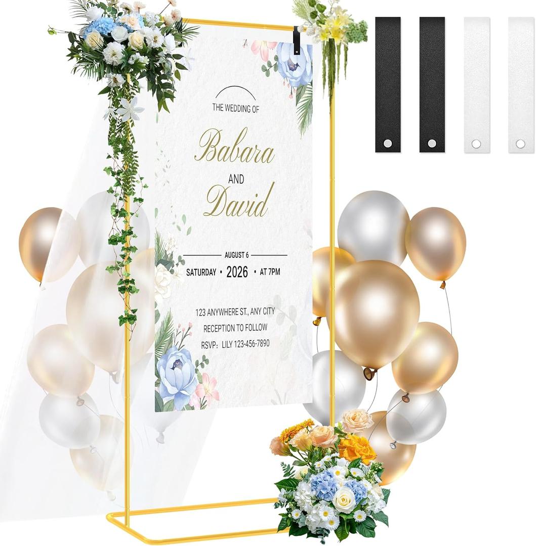 Wedding Sign Stand, Metal Welcome to Our Wedding Sign Holder with Leather Sign Hanging Straps, Easy Setup, Easel Stand for Display Poster Sign Holder Rack, Gold