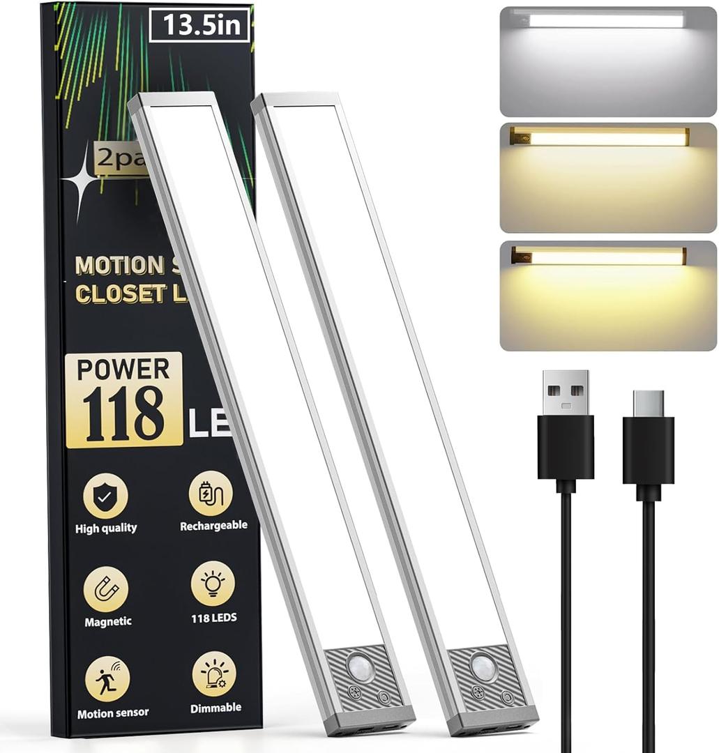Under Cabinet Lighting 13.5Inch, 3200mAh Under Cabinet Lights Motion Sensor 3 Color, Rechargeable 118LED Magnetic Light Bar Indoor, Wireless Battery Operated Closet Lights for Kitchen Home Stairs,2Pack