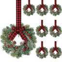 Jexine 8 Pieces Mini Christmas Wreaths for Kitchen Cabinet Small Christmas Candle Rings Wreaths Pillars Candle Rings Table Centerpieces Hanging Garlands for Front Door Window Decor (No Red Ribbon)