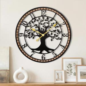 Large Wall Clock,24 Tree of Life Metal & Wood Wall Clock with Bird Design,Decorative Non-Ticking Wall Clock for Living Room,Farmhouse Home Decor (Arab)