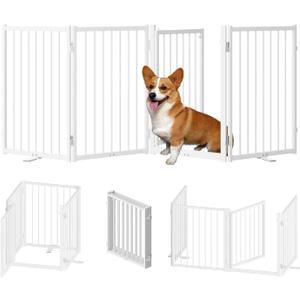 Full Metal Freestanding Dog Gate with Door, 24'' Height Foldable Pet Dog Fence for Indoor & Outdoor, 4 Panels Extra Wide Free Standing SmallDog Gates for Doorways,House,Stairs,Porch,Deck,Yard (4 Panels with Door80"W*24H", White)