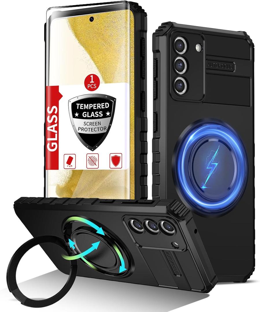 For Samsung Galaxy S22 Plus Case Compatible Wireless Charging Magnetic,with Screen Protector,for S22 Plus Phone Case Built-in Stand Ring Military Grade Shockproof Heavy Duty Protection Black