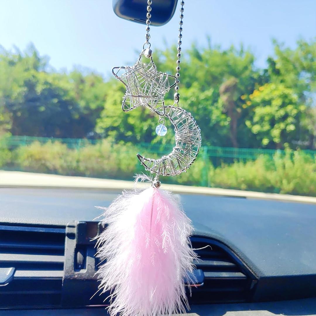 Iron Star and Moon Car Hanging Ornament Rear View Mirror Accessories, Feather Charms Cute Car Accessories for Women, Car Mirror Hanging Accessories Home/Car Decor (Pink)