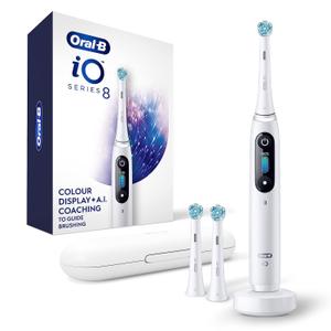 Oral-B iO Series 8 Electric Toothbrush with 2 Replacement Brush Heads and Travel Case, Rechargeable Toothbrush, Whitealabaster