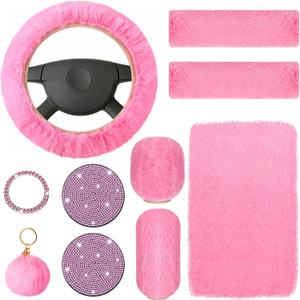 Frienda 10 Pcs Fluffy Car Steering Wheel Covers Handbrake and Gear Shift Cover Seat Belt Shoulder Pads Diamond Mat Ignition Ring Ball Key Chain Armrest Box Mat Car Accessories Set(Pink)