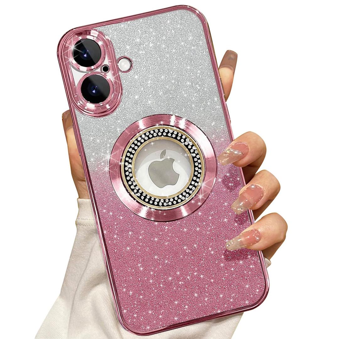 Misscase for iPhone 16 Plus Magnetic Glitter Case Compatible with MagSafe,Full Protection Slim Shockproof Anti-Scratch Case with Camera Lens Protector Logo View Dust-Proof Net for Women Pink