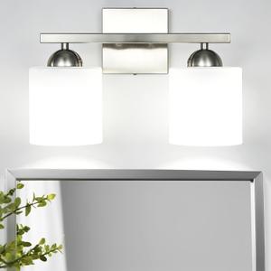 2 Light Brushed Nickel Vanity Lights for Bathroom, Modern Bathroom Light Fixtures Over Mirror, Vanity Light with Milky White Glass Shades, Farmhouse Wall Lights, E26 Socket