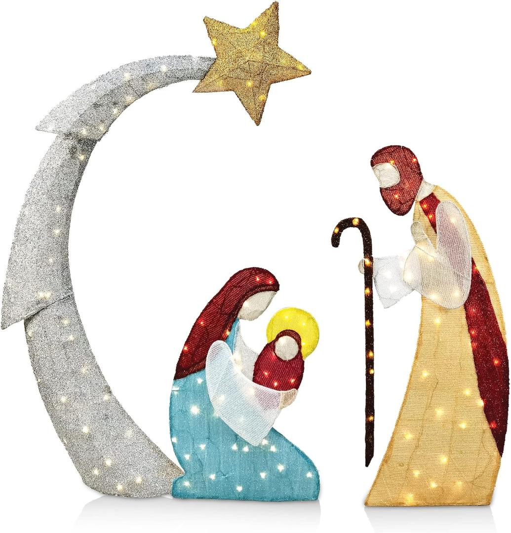 JOIEDOMI 5FT 3D Christmas Nativity Scene Tinsel Yard Light 140 Pre-Lit LED Warm White Lights with Metal Stakes for Indoor Outdoor Garden Holiday Decoration, Christmas Event, Christmas Eve Night Dcor