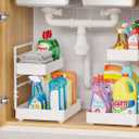 EVERIE Height Adjustable 2 Tier Metal Pull Out Slide Shelf Organizer for Framed or Frameless Under Sink Cabinets in Kitchen, Bathroom, with Snap-on Top Tray (White, 2 Sets)