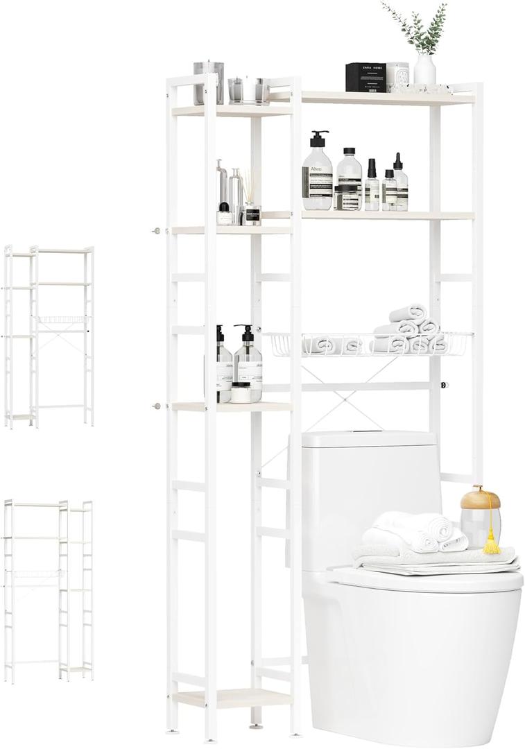 GRANNY SAYS Over The Toilet Storage Shelf, 6 Tier Metal Bathroom Shelves Over Toilet, Freestanding Over The Toilet Shelf Rack with Basket & Adjustable Shelf Above Toilet Storage, White