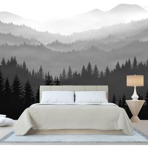 WFBHUA-Black and White Forest Mountain Wallpaper Gray Woodland Nature Landscape Wall Paper Mural for Bedroom Living Room(Not Peel and Stick)