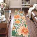 2x6 Floral Boho Runner - Beige Non-Slip Washable Rug, Soft Botanical Carpet for Hallway Kitchen & Bedroom