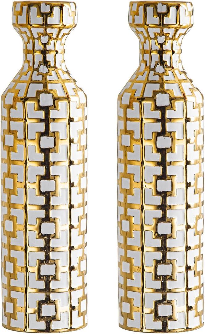 Pair of 24.4" Tall Ceramic Cylinder Vases with Geometric Gold Accents, Large Flower Vase, Decorative Vase - Modern White & Gold Floor Vases for Living Room, Entryway Decor (Set of 2)