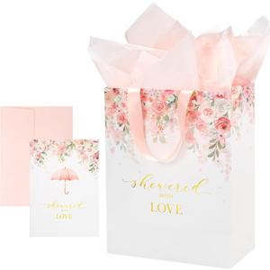 Crisky 13" Large Pink Floral Gift Bag (Showered with Love) with Cards & Tissue Paper for Wedding, Bridal Shower, Engagement Party Favor