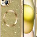 Hython for iPhone 15 Plus Case Glitter, Clear Magnetic Phone Cases with Camera Lens Protector [Compatible with MagSafe] Bling Sparkle Plating Soft TPU Shockproof Protective Cover Women Girls, Gold