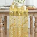 2 x Artoid Mode Marble Pattern Yellow Gauze Table Runner 10FT, Glitter Metallic Foil Sheer Dining Wedding Anniversary Birthday Table Decor for Home Party