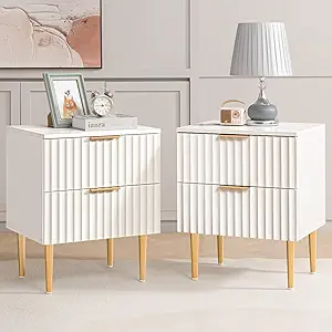SICOTAS White Night Stand Set 2, Wide Fluted Nightstand with 2 Drawers, Modern Glossy Storage Bedside Table for Bedroom, End Side Table with Golden Metal Legs and Handles（2, White）