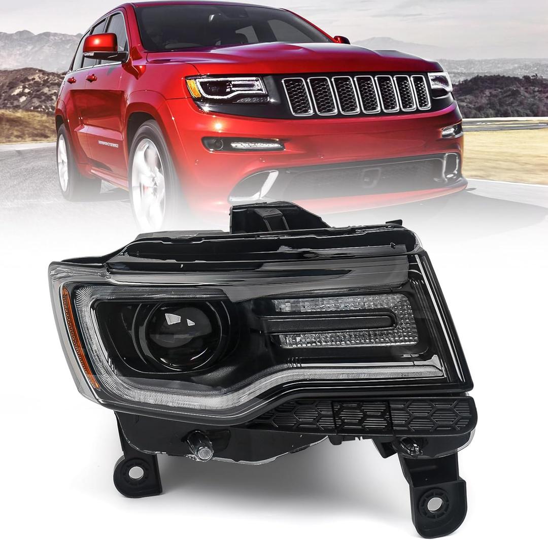 Huray HID Headlight Assembly for Jeep Grand Cherokee 2014-2016 [Only for Xenon Type] [Black Housing] OE Projector Headlamp w/LED DRL Bulbs Right Passenger Side (RH)