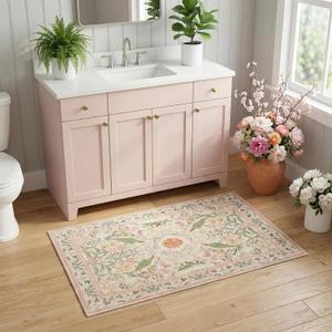 Cnythlis 9'x12' Bohemian Floral Extra Large Area Rug, Washable Non-Slip Silicone Backing Living Room Carpet, 0.26" Low Pile Faux Wool Soft Rug for Big Dining Room Home Office, Garden Pink