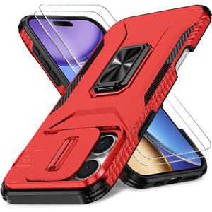 Case for iPhone 15 Pro Max with Slide Camera Cover+Screen Protector(2 Packs), Military Grade Shockproof Protective Cover, Rotated Ring Kickstand(A - Red)