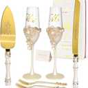Engagement Gifts for Couples, Wedding Cake Knife and Server Set, Luxury Handcrafted Champagne Flutes with Rhinestone Rose and Pendant Drop, Cake Cutting Set for Wedding, Bride and Groom Gift-ready Box