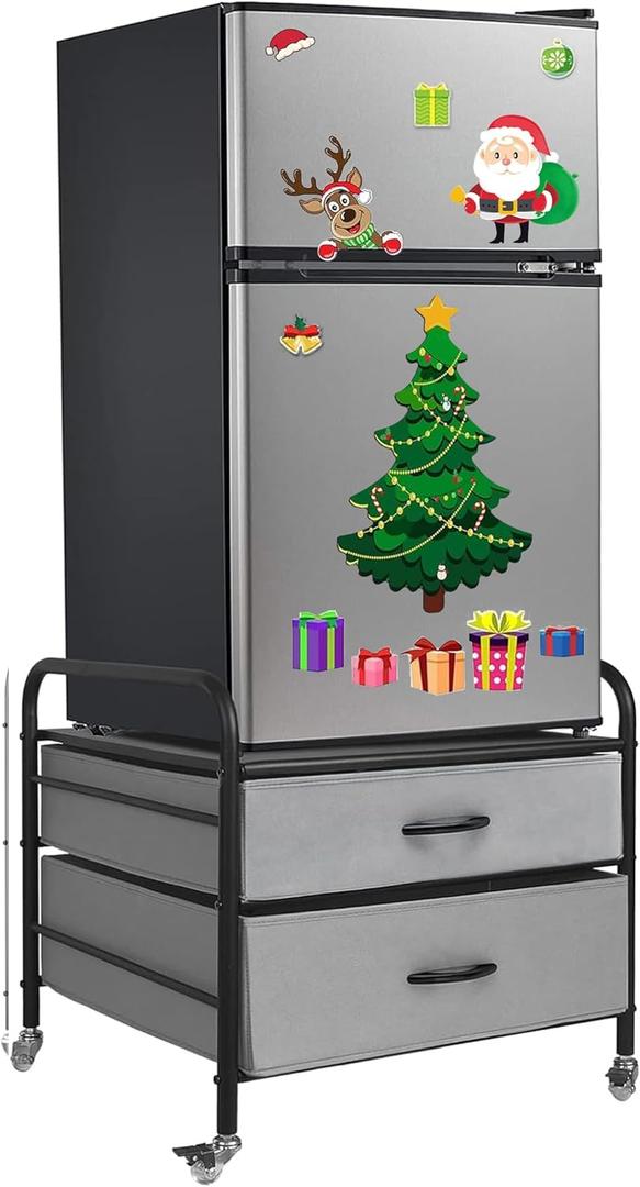 Mini Fridge Stand, Fridge Stand with Storage, 2 Drawer Fridge Cart, Organizer Unit for Mini Fridge, Fridge Stand with Metal Frame and Fabric Drawers, Mini Fridge Table with 4 Swivel Wheels (Grey)