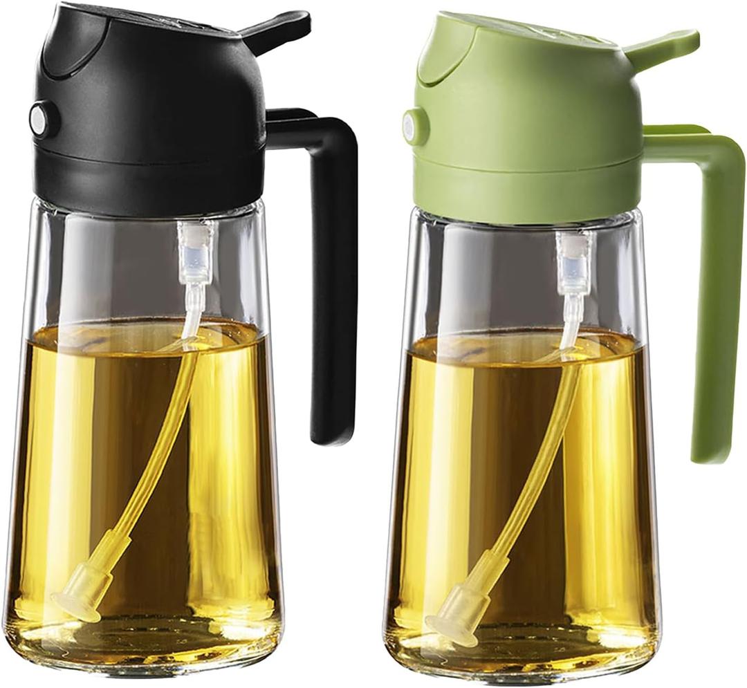 TrendPlain 16oz/470ml Glass Olive Oil Sprayer for Cooking - 2 in 1 Olive Oil Dispenser for Kitchen Gadgets, Air Fryer, Salad, and BBQ - Black & Green