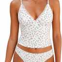 ZAFUL Women's Spaghetti Strap Tankini Swimsuits V Neck Tummy Control Tie Side Thong Bikini Swimsuits 2 Piece Bathing Suits (White, L)