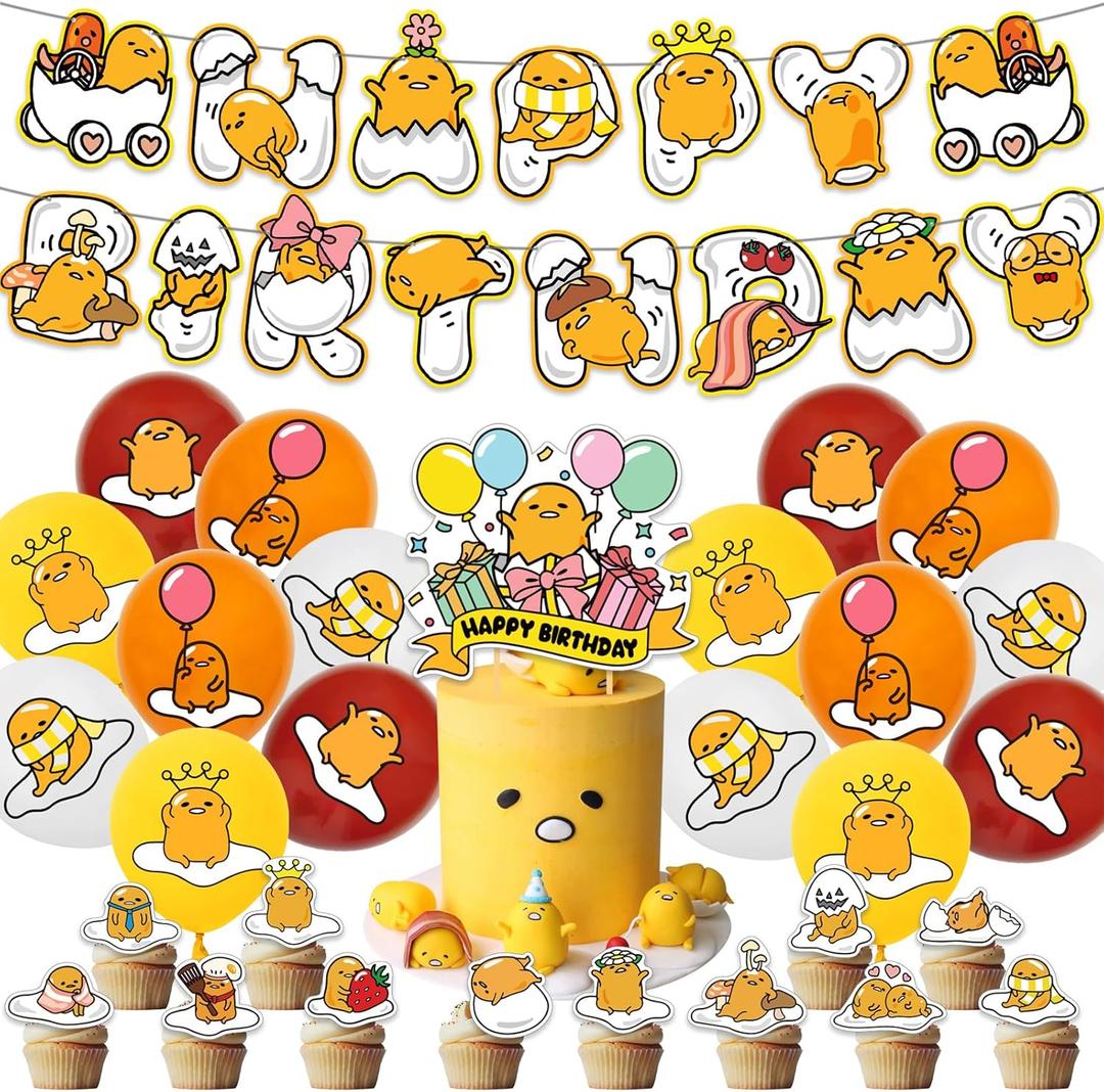 Gudetama 32Pcs Birthday Party Supplies Set - Favors, Cake Topper, Cupcake Toppers, Banner, Balloons for Kids Gudetama Birthday Party Decorations