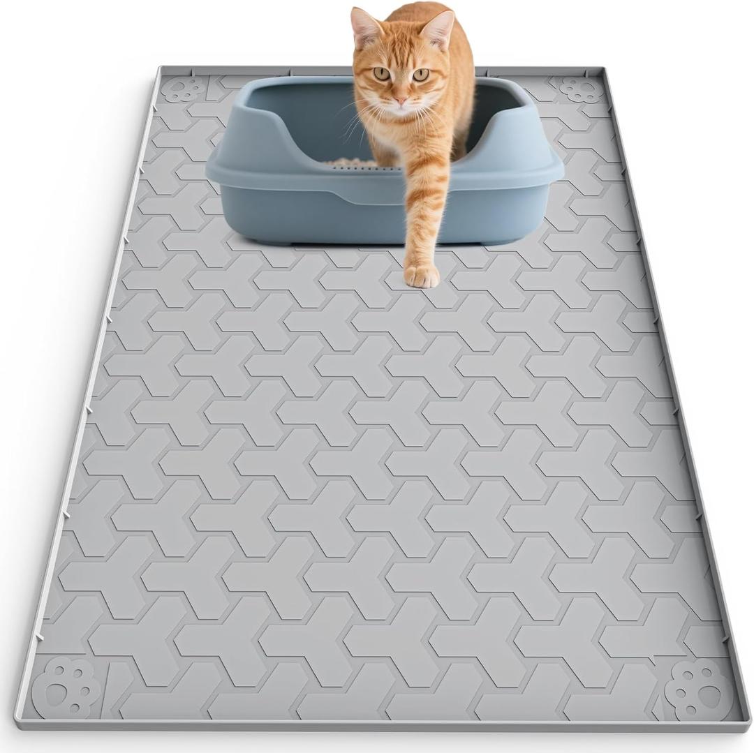Silicone Cat Litter Mat for Litter Box - 34" X 22"/24" X 15" Waterproof Urine - Proof Mat, Non - Slip Trapping Pad to Keep Floor Clean, Easy to Clean Cat Floor MatGray)