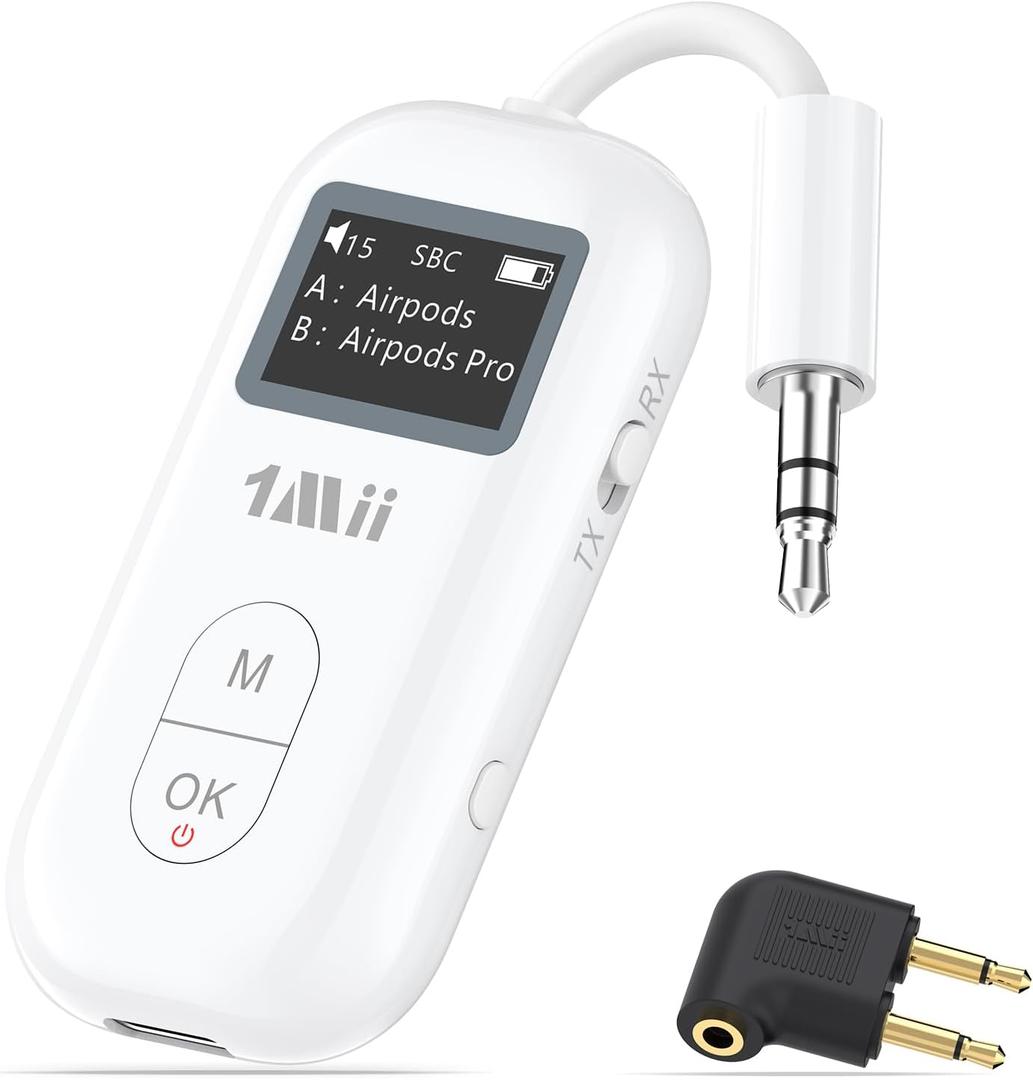 1Mii SafeFly Pro Bluetooth 5.3 Transmitter Receiver, Wireless Audio Adapter w/Screen for 2 Bluetooth Headphones, aptX LL/HD/AD, Use with Any 3.5MM Jack on Airplane, TV & iPad/Tablet