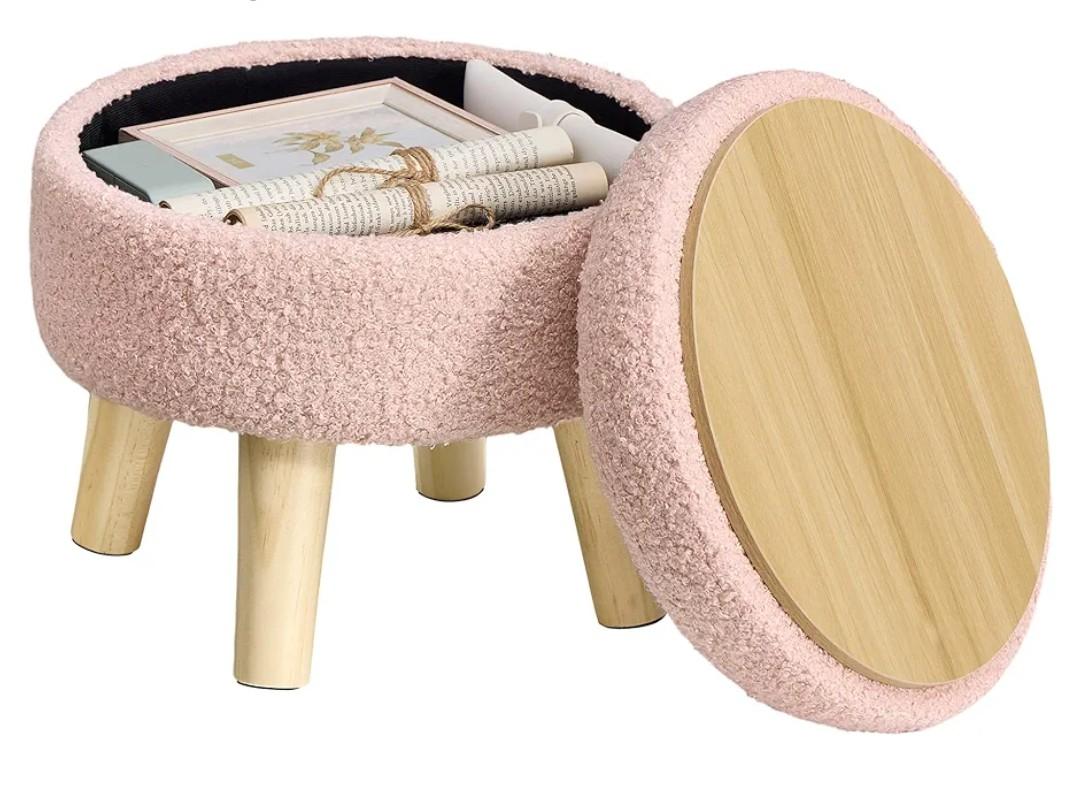 Storage Ottoman, Foot Stool, Round Ottoman with Padded Seat, Foot Rest with Wood Legs, Small Table, for Hallway, Living Room, 12.2 Inches, Teddy Fleece, Jelly Pink ULOM515SA01