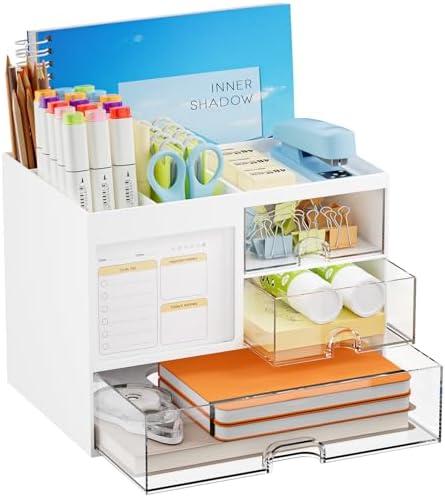 Marbrasse Desk Organizer with 3 Drawer, Multi-Functional Pencil Pen Holder for Desk, Desk Organizers and Accessories with 4 Compartments, Desktop Organizer Storage for Office Home Art Supplies (White)