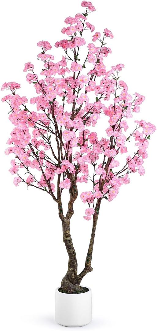 Artificial Cherry Blossom Tree, 7FT Tall Artificial Tree with White Pot, Pink Fake Sakura Flower Tree, Faux Silk Plants for Home, Living Room, Wedding, Garden, Balcony, Hotel Decoration