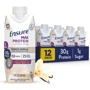 Ensure Max Protein Shake | French Vanilla | Ready to Drink | 30g Protein for Muscle Health | 1g Sugar, 4g Fiber | 11 fl oz, 12 Pack