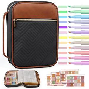 Quilted Vegan Leather Bible Cover, Color-Blocked Bible Cover Case for Women, Large Bible Carrying Case with Handle, Bible Study Supplies & Christian Gift for Women (Black & Brown, XL)