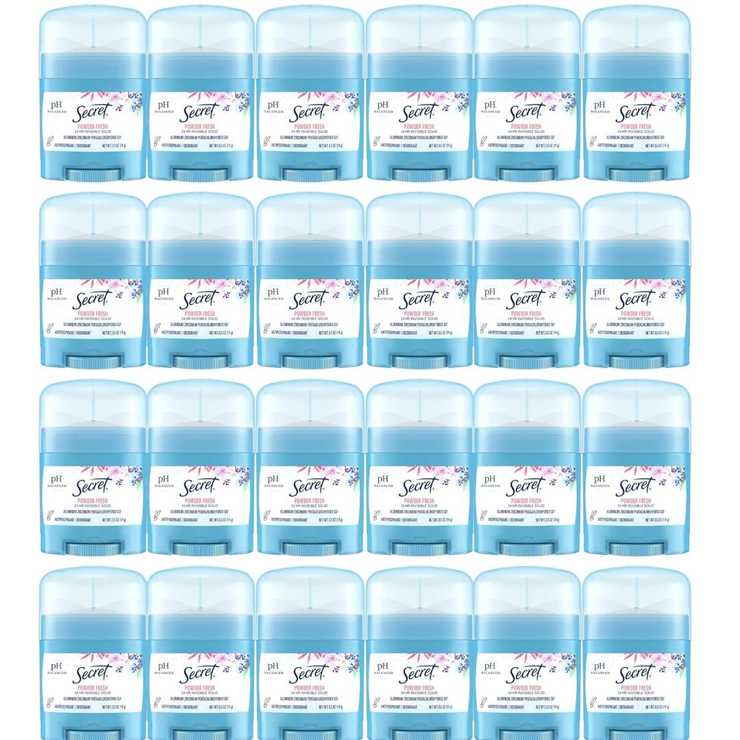 Secret Antiperspirant and Deodorant for Women, 24hr Sweat & Odor Protection, PH Balanced Protection, Gentle on Skin, Invisible Solid, Travel Size, Powder Fresh Scent, 0.5 oz, (Pack of 24)
