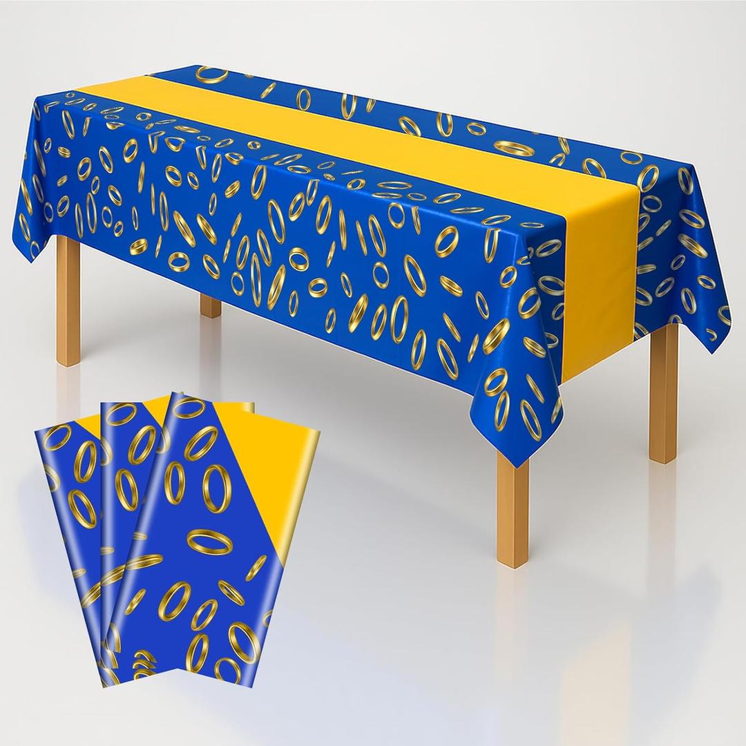 3-Pack Blue & Gold Ring Print Plastic Tablecloths - 108"x54" Video Game Theme Table Cover Party Decor - Birthday Celebration Supplies