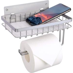 LKKL Toilet Paper Holder - Toilet Paper Holder with Shelf Wall Mount - Adhesive Toilet Paper Storage Bathroom Towel Holder Toilet Roll Dispenser(Silver)