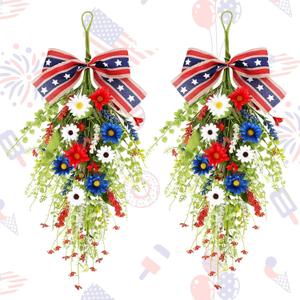 24inch Patriotic Red, White and Blue Floral Swag Wreath for Front Door Patriotic American Floral Teardrop Swags 4th of July Independence Day Rings Wreaths for Pillars Porch Wall Window Decor